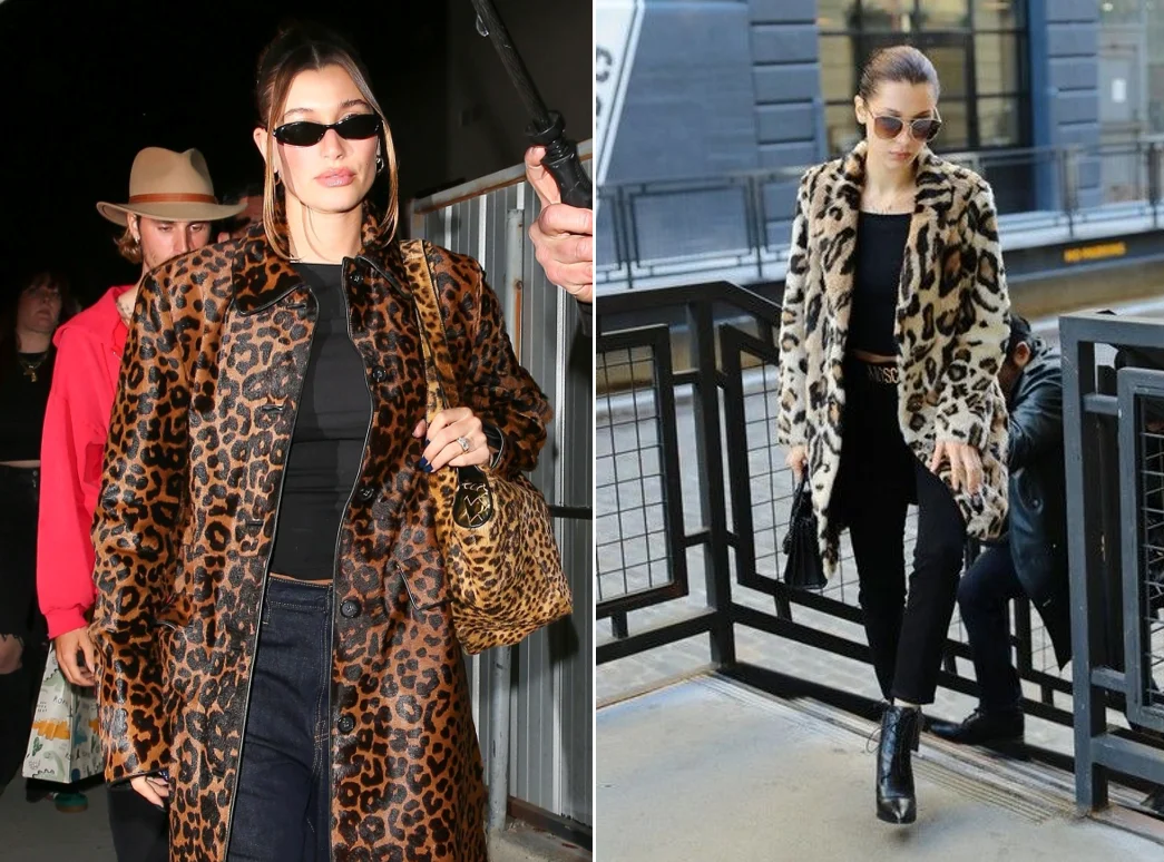 Hailey Bieber e Bella Hadid usando casacos com estampa de leopardo