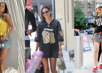 Anitta, Hailey Bieber e Rihanna com looks estilosos usando camisetas de time.