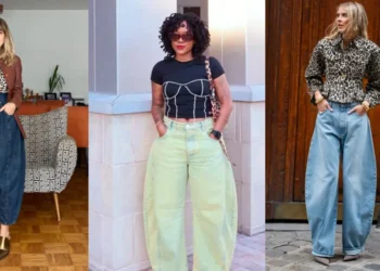 Três looks inspiradores com calça balloon em diferentes estilos e cores, misturando estampas e cortes modernos.