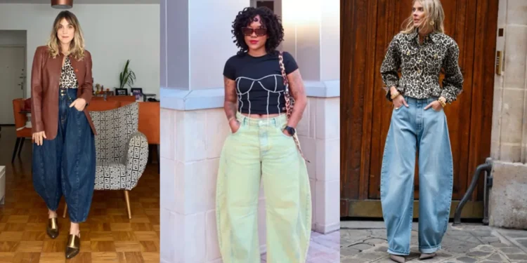 Três looks inspiradores com calça balloon em diferentes estilos e cores, misturando estampas e cortes modernos.