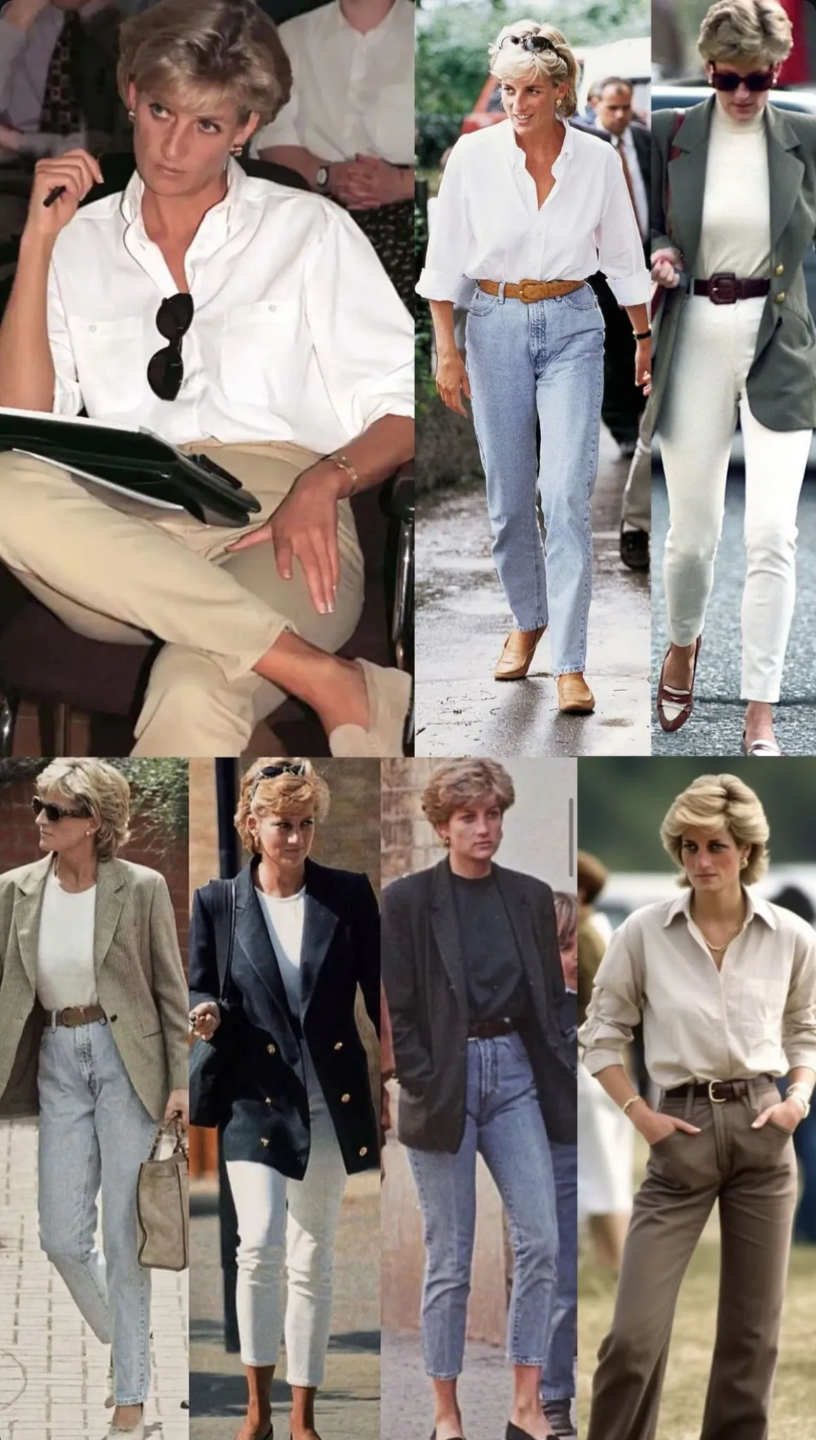 Princesa Diana usando looks clássicos de estilo 'old money', com blusas brancas e calças de cintura alta, uma imagem representativa de sua elegância atemporal.