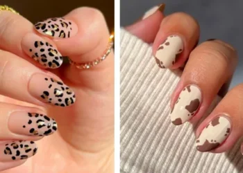 Unhas animal print em estilo leopardo e manchas, uma tendência de moda popular para unhas, com design moderno e sofisticado.