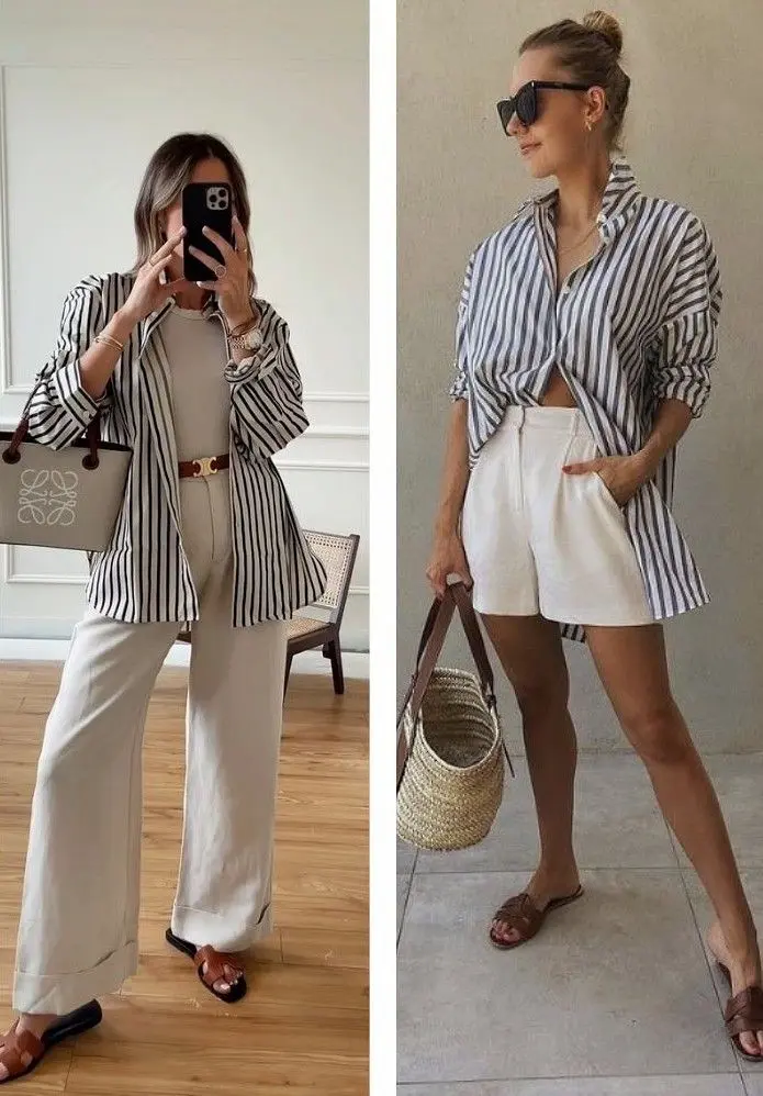 Mulher usando camisa listrada sobre um look casual e leve com calça e sandálias, mostrando uma produção estilosa para o dia a dia.