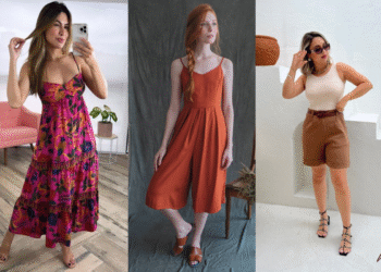 três mulheres usando looks diferentes para o verão: um vestido estampado, um macacão e um look com shorts
