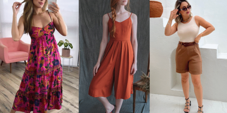 9 looks leves e estilosos para quem mora em lugares quentes 1 três mulheres usando looks diferentes para o verão: um vestido estampado, um macacão e um look com shorts