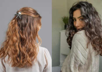 Mulher de costas exibindo o cabelo castanho claro com ondas, e outra mulher sorrindo, de frente, com cabelo escuro e cachos definidos.