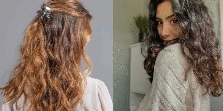 Cabelo ondulado: Aprenda o melhor truque para finalizar os fios 1 Mulher de costas exibindo o cabelo castanho claro com ondas, e outra mulher sorrindo, de frente, com cabelo escuro e cachos definidos.