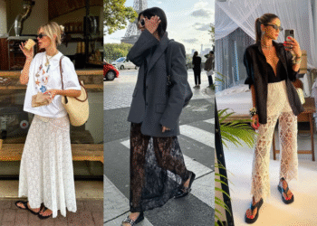 Três mulheres em diferentes estilos urbanos, usando peças de roupa com renda: saia longa branca, calça preta e calça branca.