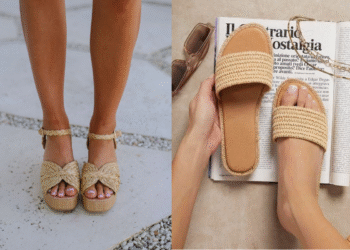 Montagem com duas tendências de sapatos boho: uma bota de camurça franzida e um par de tamancos clogs em camurça, modelos populares para looks modernos.