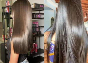 Como saber qual a progressiva ideal para o meu cabelo? 15 Duas fotos comparativas de cabelos femininos lisos e brilhantes após um tratamento de progressiva, mostrando o resultado do procedimento.