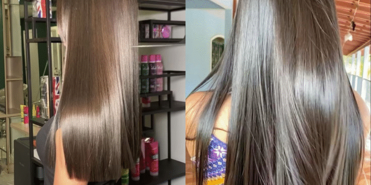 Duas fotos comparativas de cabelos femininos lisos e brilhantes após um tratamento de progressiva, mostrando o resultado do procedimento.