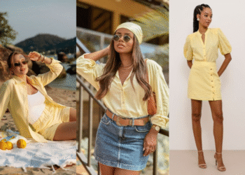 Três looks femininos em tom amarelo-manteiga, destacando a tendência de moda da primavera.