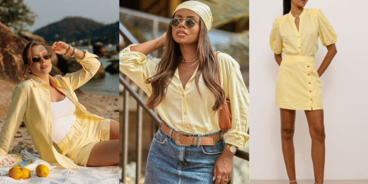 Três looks femininos em tom amarelo-manteiga, destacando a tendência de moda da primavera.