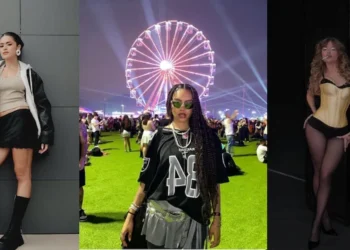 Três looks estilosos de participantes no festival The Town 2025, exibindo diferentes estilos de moda e atitude.