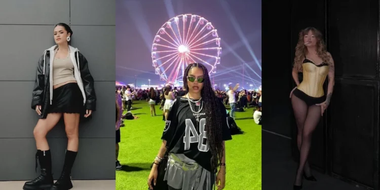 Três looks estilosos de participantes no festival The Town 2025, exibindo diferentes estilos de moda e atitude.