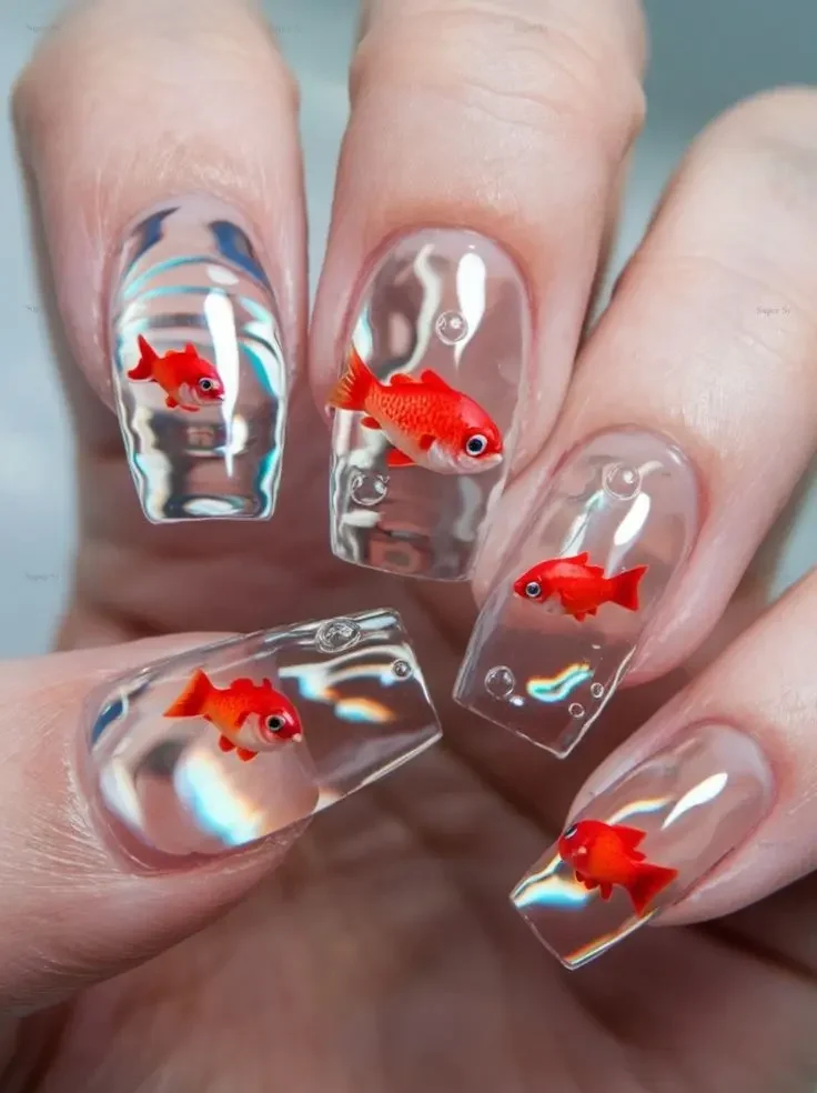 Unhas com design de peixinhos vermelhos dentro de água, criando efeito 3D.