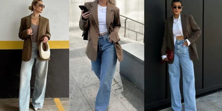 Quer arrasar em qualquer evento? Veja como usar calça jeans com blazer feminino 1 Mulheres estilosas usando calça jeans com blazer feminino em evento social, mostrando elegância e versatilidade.