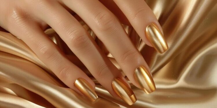 Brilho e estilo: 10 esmaltes metalizados para arrasar no visual 1 Mão feminina com unhas pintadas de esmalte metalizado dourado sobre tecido acetinado dourado