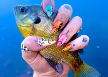 Unhas de peixe em destaque com uma mão segurando um peixe, com design de unhas criativas em formato de peixes coloridos.