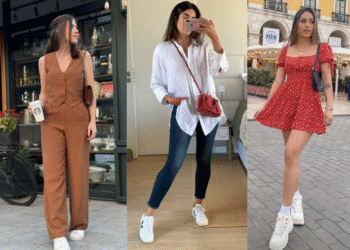 Três mulheres exibindo looks diferentes com tênis branco, combinados com calça, vestido e conjunto monocromático, mostrando a versatilidade do calçado.
