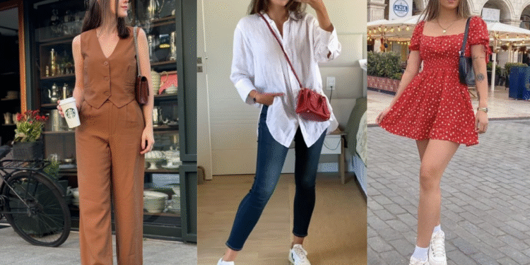 Três mulheres exibindo looks diferentes com tênis branco, combinados com calça, vestido e conjunto monocromático, mostrando a versatilidade do calçado.