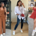 Três mulheres exibindo looks diferentes com tênis branco, combinados com calça, vestido e conjunto monocromático, mostrando a versatilidade do calçado.
