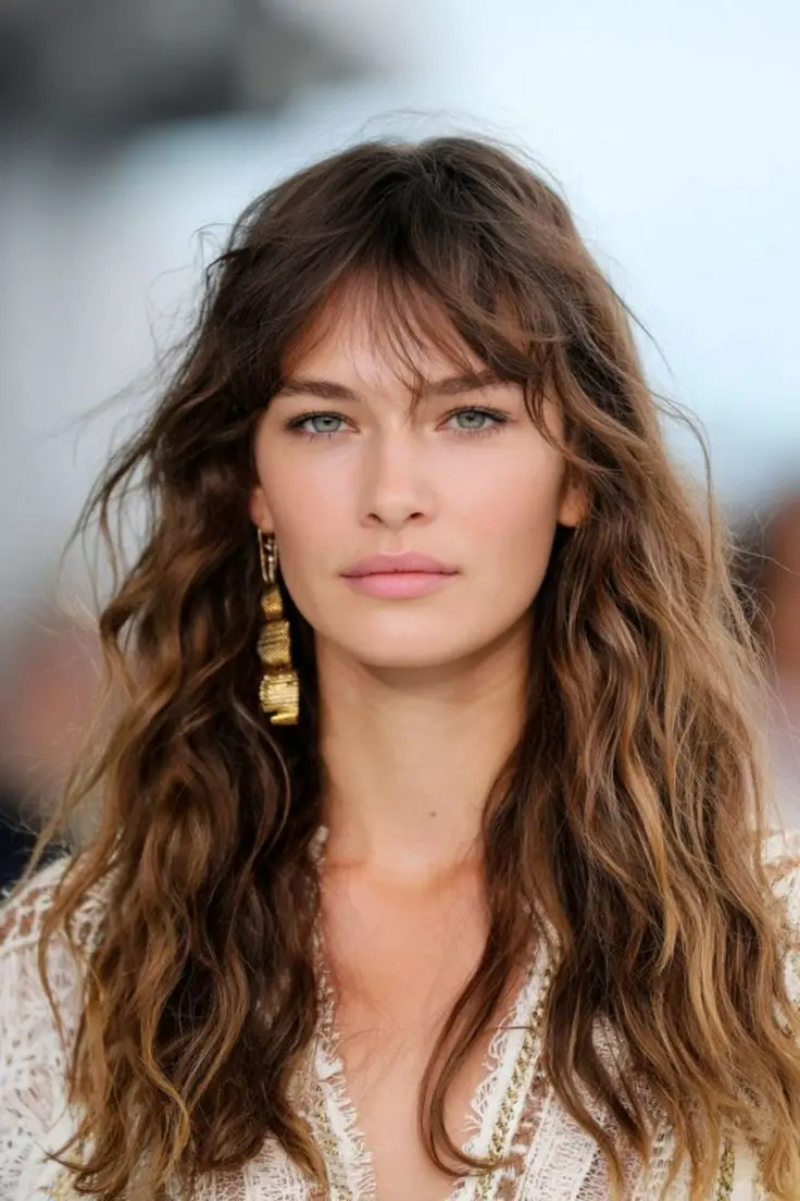 Mulher com cabelo ondulado e natural, com corte Melena Boho, inspirado na estética dos anos 70.