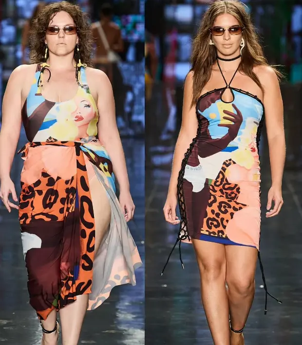Modelos desfilando com vestidos de estampas artsy, apresentando padrões abstratos e colagens digitais inspiradas em arte moderna.