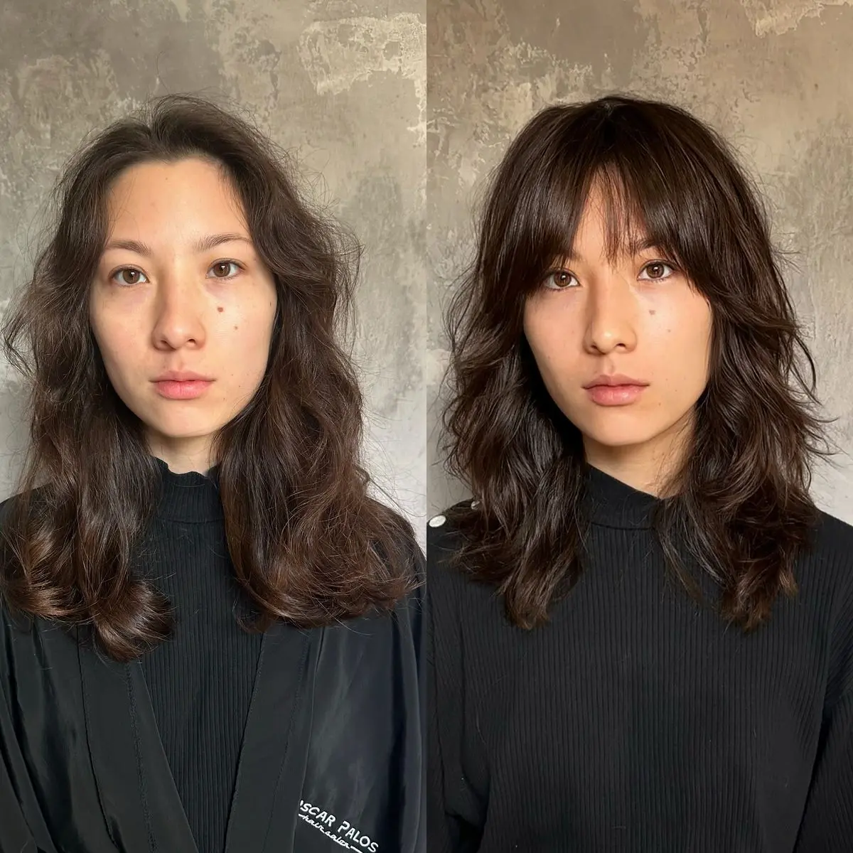 Imagem mostrando antes e depois de um corte de cabelo soft shaggy, com camadas suaves e movimento natural nos fios.