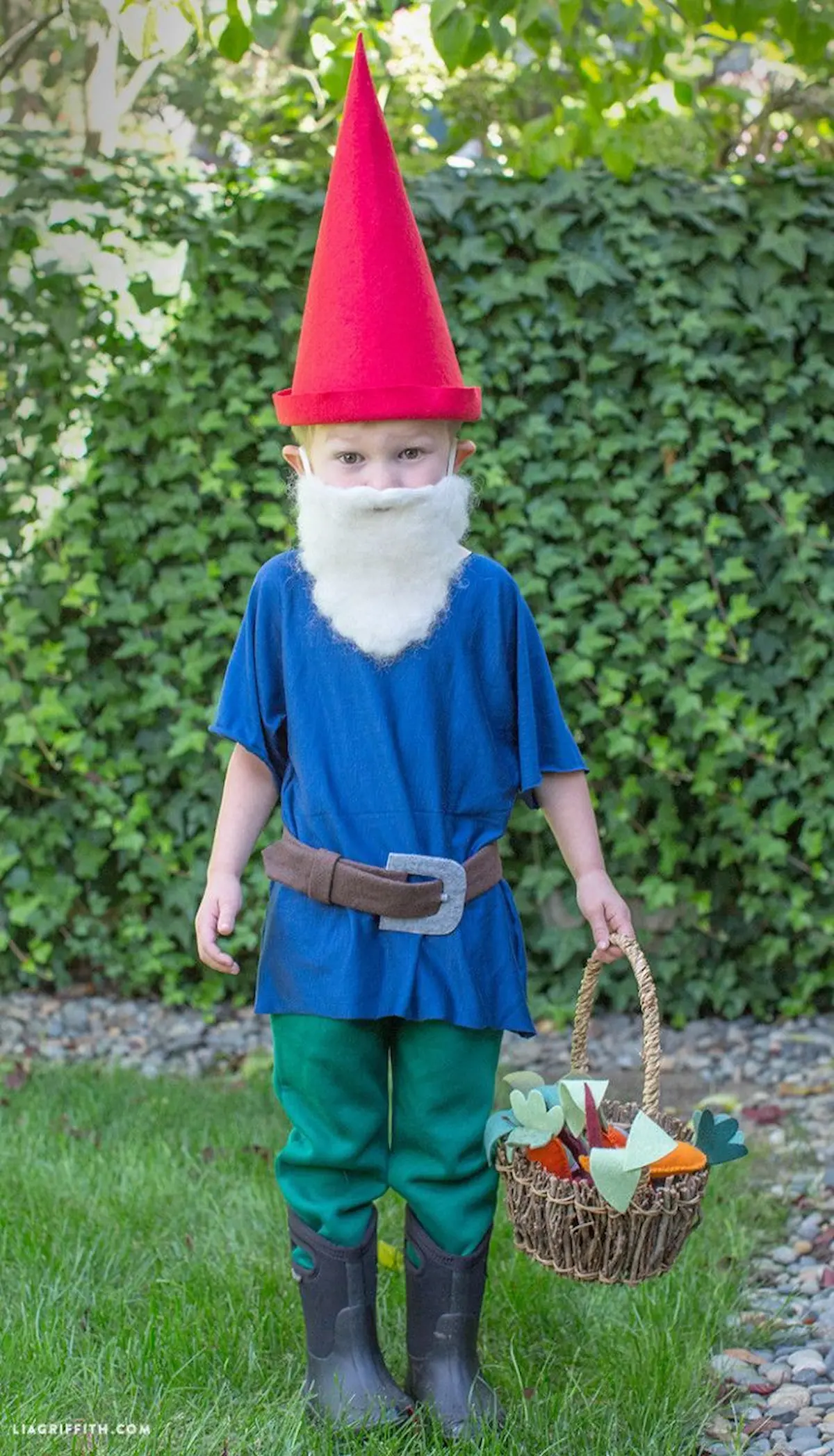 Fantasia de Anão de Jardim para criança, com chapéu pontudo vermelho e barba branca, segurando uma cesta com vegetais.