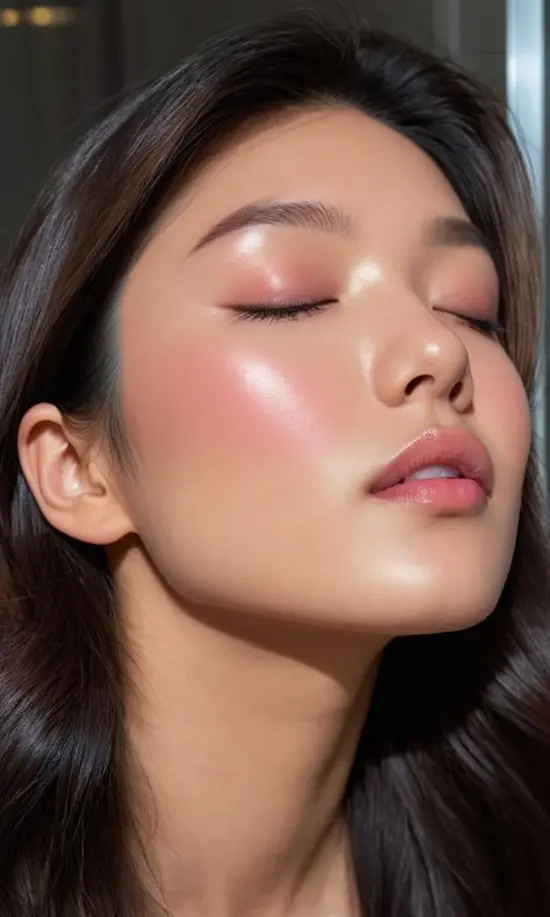 Blush cremoso aplicado em pele saudável, com acabamento luminoso e natural.