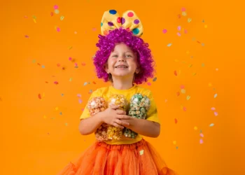 Menina sorridente usando fantasia colorida com peruca roxa, segurando potes de pipoca colorida, em um fundo laranja festivo.