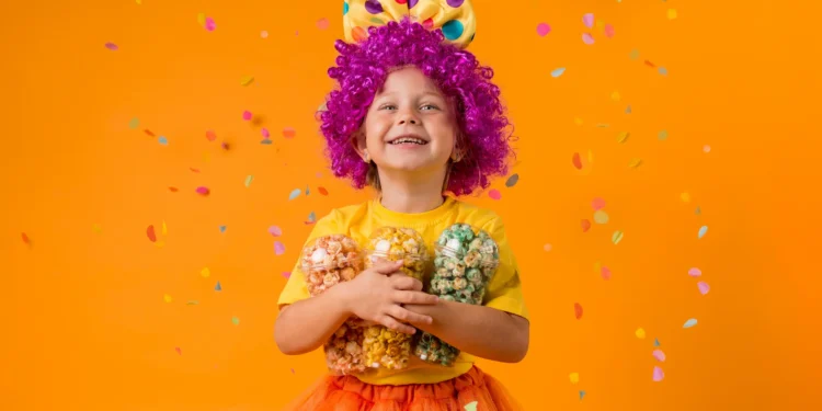 Menina sorridente usando fantasia colorida com peruca roxa, segurando potes de pipoca colorida, em um fundo laranja festivo.