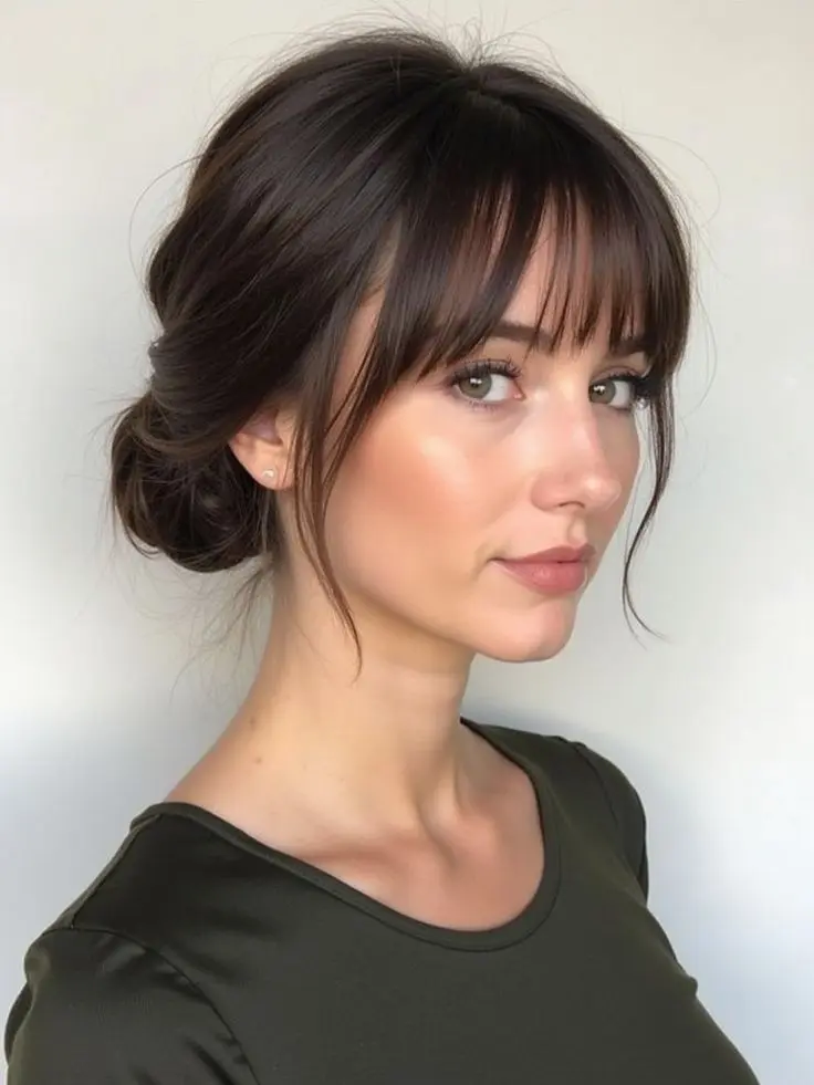 Mulher com cabelo preso e franja Wispy Bangs, estilo moderno e delicado.