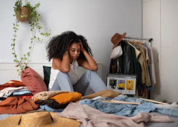 Estudante sentada na cama cercada por roupas, planejando o que vestir no dia do ENEM.