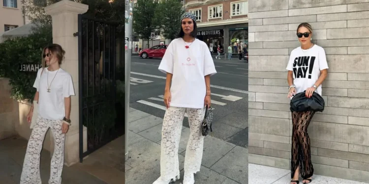 Mulheres usando calças de renda brancas em looks de estilo casual e elegante, com camiseta branca e acessórios sofisticados.