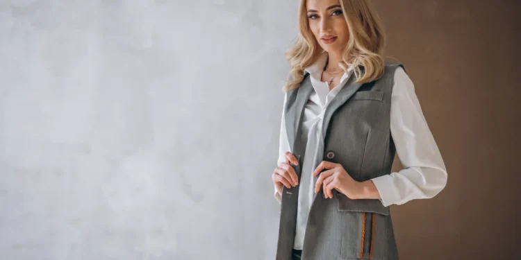 Imagem de mulher estilosa com colete moderno, mostrando o look perfeito para o dia a dia.