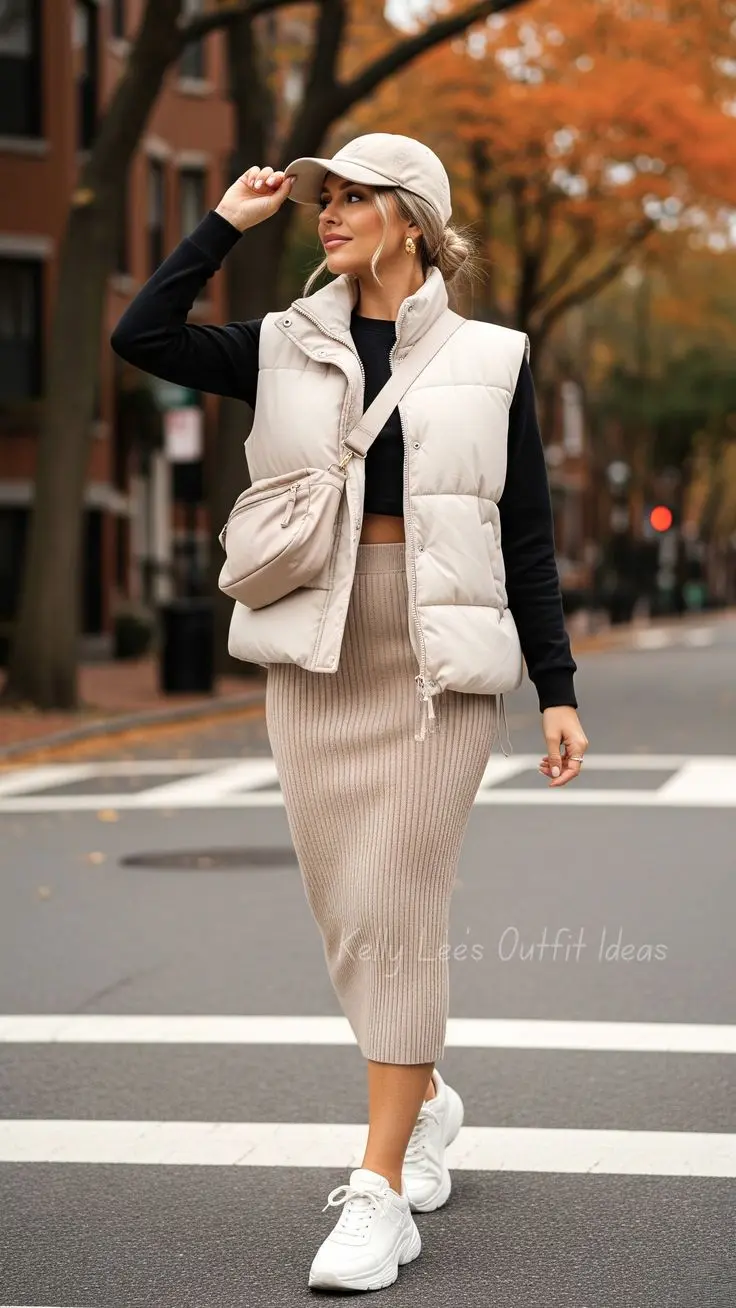 Mulher usando colete acolchoado puffer, saia de malha e tênis brancos.