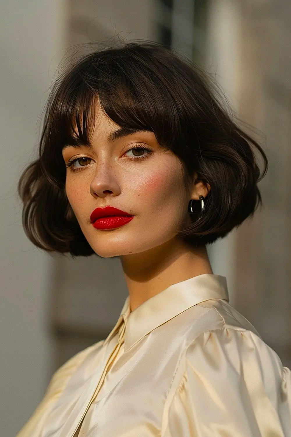 Mulher com corte de cabelo French Bob, com pontas arredondadas e comprimento até o maxilar, exibindo um estilo elegante e despojado.