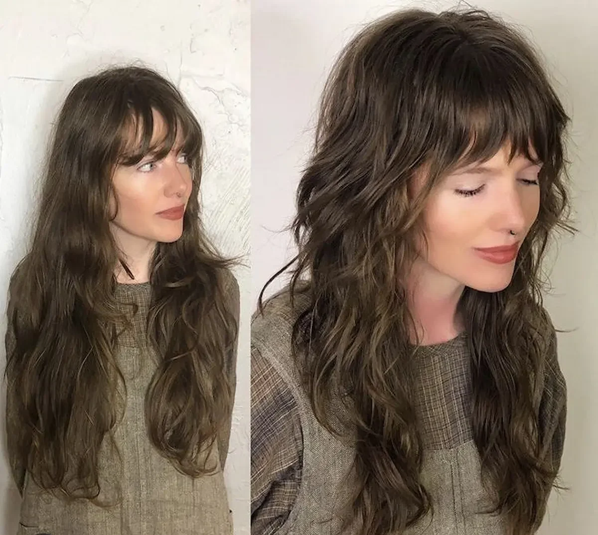 Mulher com cabelo no estilo Shag Hair 2.0, com camadas longas e sutis e volume mais distribuído, em um visual moderno e sofisticado.