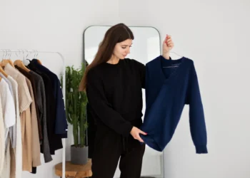 Mulher analisando um suéter azul enquanto escolhe roupas, ilustrando como diferentes cores podem influenciar a autoestima.