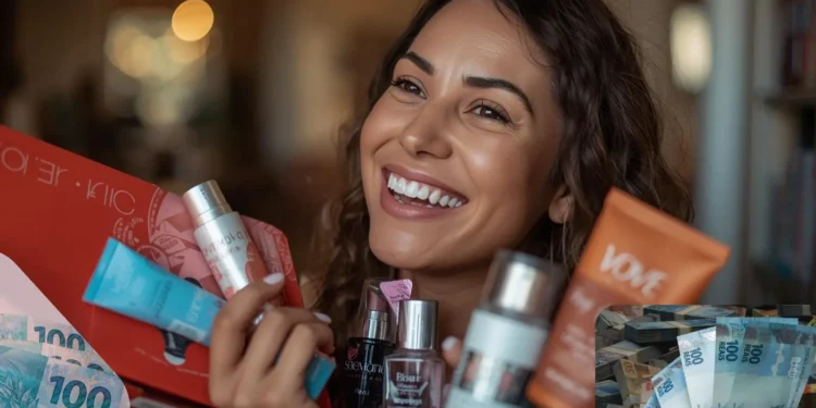 Autocuidado de fim de ano: 7 ideias de beleza para investir o 13º 1 Mulher sorridente segurando produtos de beleza e notas de dinheiro, representando ideias de autocuidado de fim de ano com o 13º salário.
