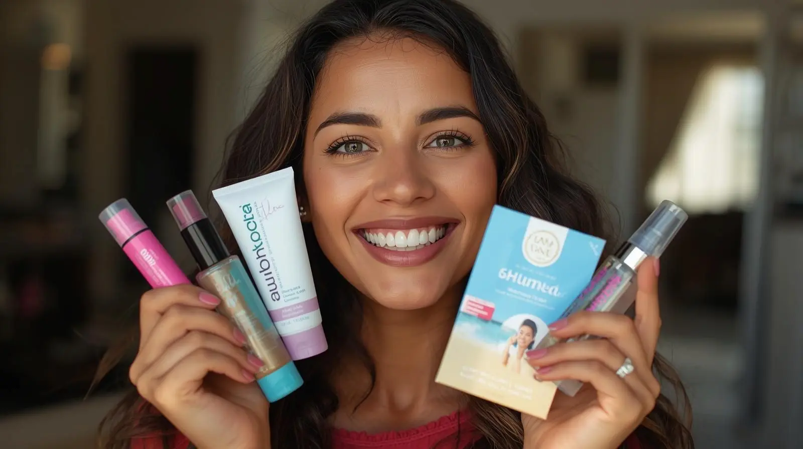 Mulher sorridente segurando produtos de cuidados pessoais, representando praticidade na rotina de beleza.