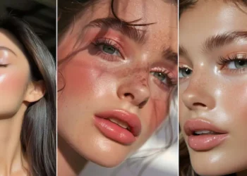 Maquiagem Make Rosé com tons de rosa escuro e brilho, destacando os olhos e lábios.