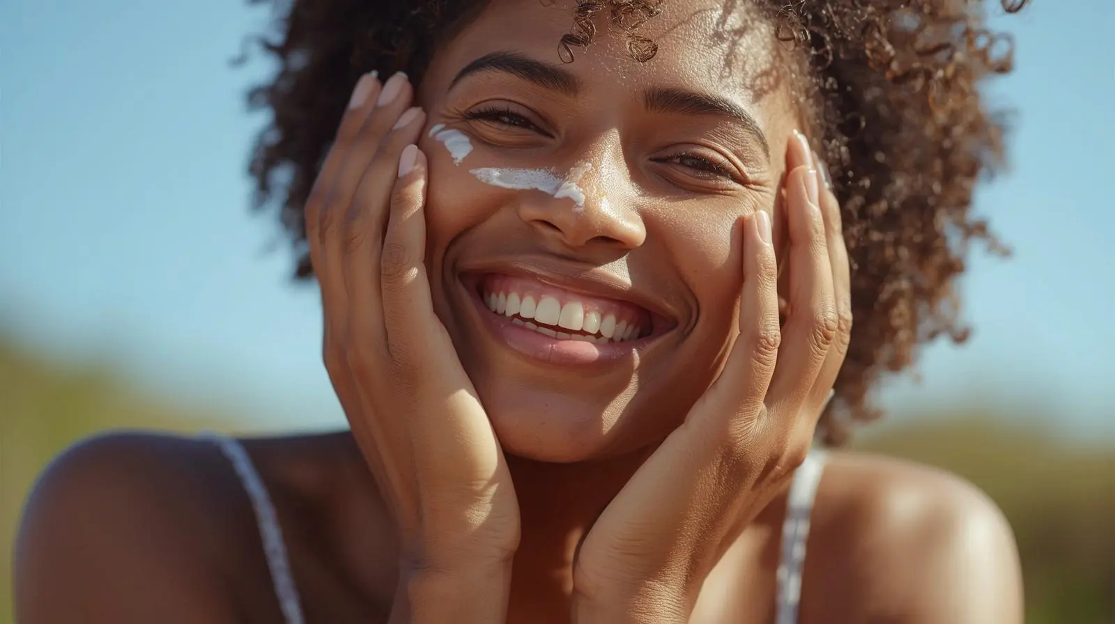 Mulher sorridente aplicando protetor solar no rosto sob a luz do sol.