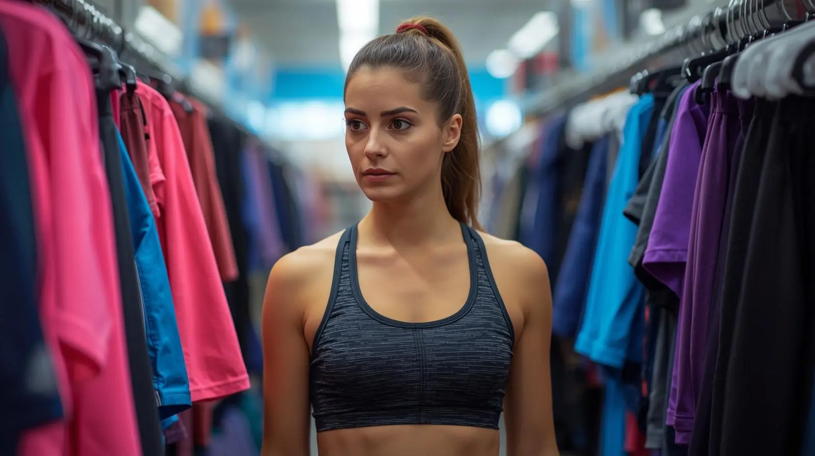 Mulher em loja de roupas esportivas, representando investimento em saúde e bem-estar.