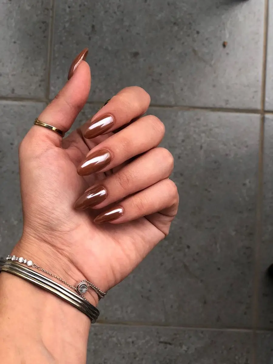 Unhas discretas e sofisticadas: 3 opções que combinam com tudo 4 Unhas marrons com acabamento perolado, oferecendo um toque moderno e sofisticado.