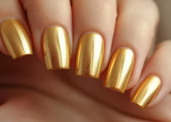 Unhas douradas metálicas brilhantes, perfeitas para comemorar o Ano Novo com estilo e glamour.