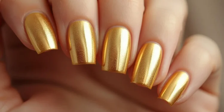 Brilhe na virada: 6 ideias de unhas para o Ano Novo 1 Unhas douradas metálicas brilhantes, perfeitas para comemorar o Ano Novo com estilo e glamour.